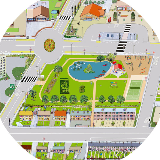 The Bramble Town Tuff Tray Mat depicts an inviting town with a park, playground, rows of houses, a post office, health centre and nursery school, connected by roads to drive toy vehicles along.  Printed onto a high quality, durable vinyl material.  86cm x 86cm (approx )  Designed to fit in the Tuff Tray or the Tuff Spot.