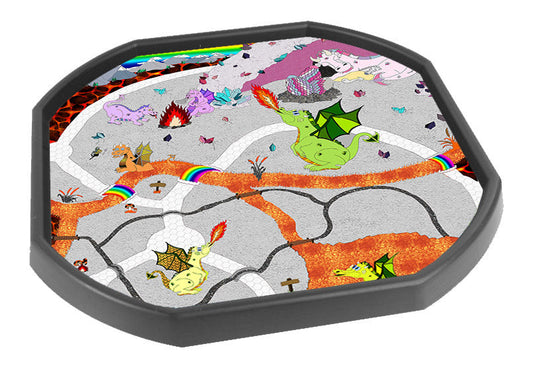 The Dragon Blaze Cave mini tuff tray insert mat, ideal for any children interested in fantasy and dragons, features a fire river, lava lagoon, hot coals pathway, dragons, magic crystals, dragon eggs. Ideal for creative play and to stir the imagination of mythical creatures.  Printed onto a high quality, durable vinyl material.  86cm x 86cm (approx )  Designed to fit in the Tuff Tray or the Tuff Spot.