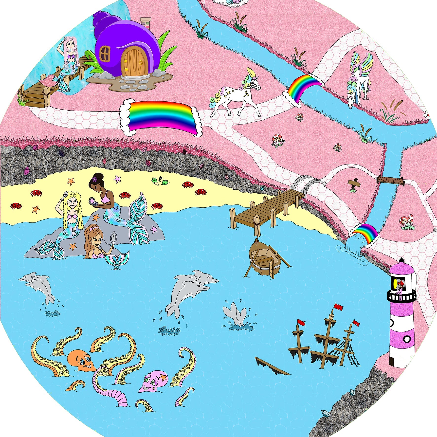 The Mermaid Lagoon mat is ideal for use with a Tuff Tray. Swim in lagoons with mermaids in enchanted worlds, with unicorns, a shell house, dolphins, a lighthouse and  rainbow bridges. Ideal for imaginative play! Also fits the tuff spot.