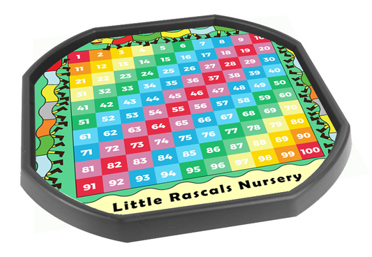 The personalised Mini 1-100 Number Grid Centipede mat is ideal for use with a Tuff Tray and features your nursery, preschool, school or child's name underneath! The 1-100 number grid encourages numeracy. Use it to spot number sequences, learning to count on and back, addition, subtraction and times tables.