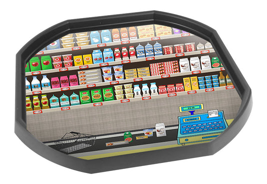 The Supermarket mat is ideal for use with a Tuff Tray. Enjoy rich imaginative play as preschoolers take a trip to the shops, choose shopping, load up the trolley and check out at the till. Children can add their own toys to enhance the shopping experience. This tuff tray insert is also labelled with the names of some popular food and drinks, just like the real thing, encouraging early word recognition and literacy. Designed to fit in the Tuff Tray or the Tuff Spot.