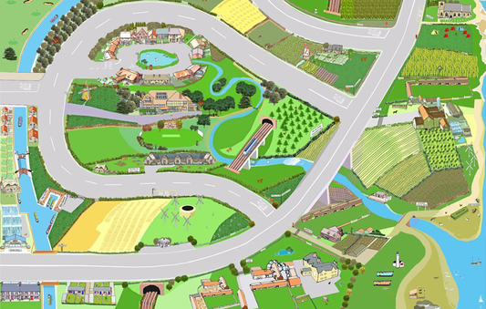 This countryside playmat has a small village, a church, a dairy farm, a sheep farm and an agricultural farm. Children can sort and classify animals as they place them in the fields, herd the cows from the fields to their milking sheds and discover what vegetables are sold in the Farm Shop. Find the features of the countryside and introduce new geographical vocabulary or follow the river to the sea.