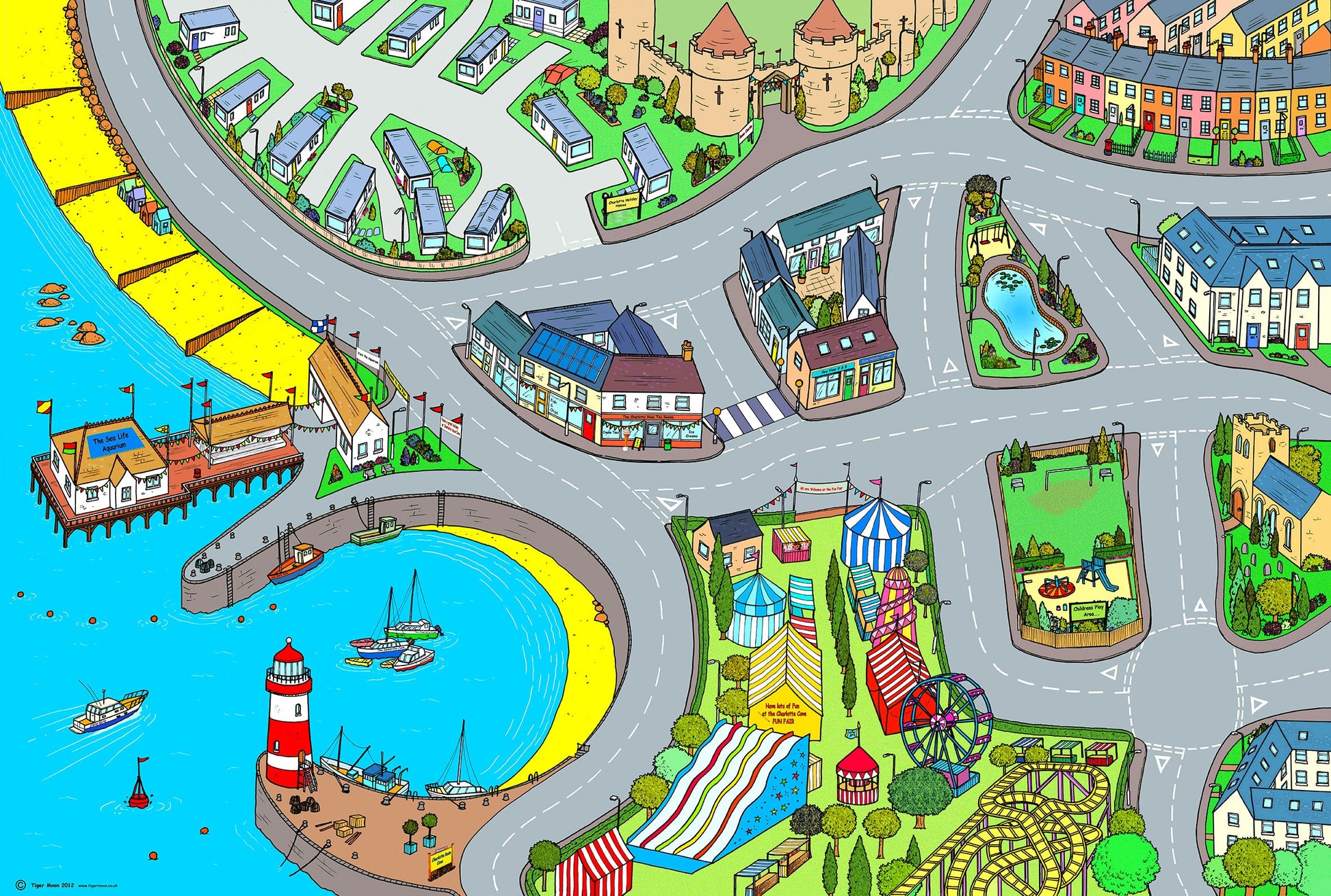 Welcome to the seaside! Children will delight in racing cars around this colourful seaside floor mat. From the beach to the funfair this floor mat will spark conversation and encourages children to recount past holiday experiences. Size - 240cm x 160cm  Printed onto heavy weight vinyl and easily rolled for storage.