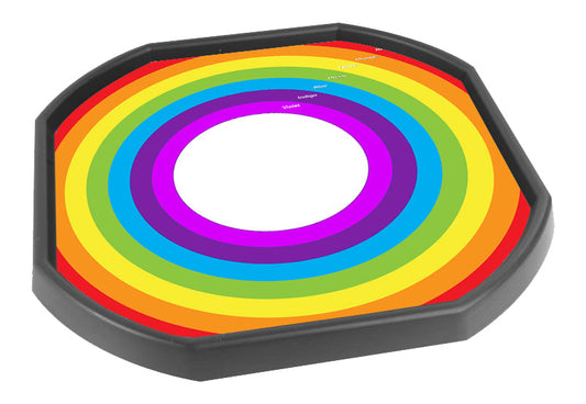 This colours of the rainbow mat is ideal for use with a Tuff Tray. Use it for imaginative play or colour matching small objects to the brightly coloured labelled bands.  Printed onto a high quality, durable vinyl material.  86cm x 86cm (approx )  Designed to fit in the Tuff Tray or the Tuff Spot.