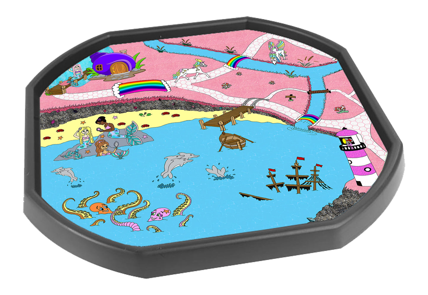 The Mermaid Lagoon mat is ideal for use with a Tuff Tray. Swim in lagoons with mermaids in enchanted worlds, with unicorns, a shell house, dolphins, a lighthouse and  rainbow bridges. Ideal for imaginative play! Also fits the tuff spot.