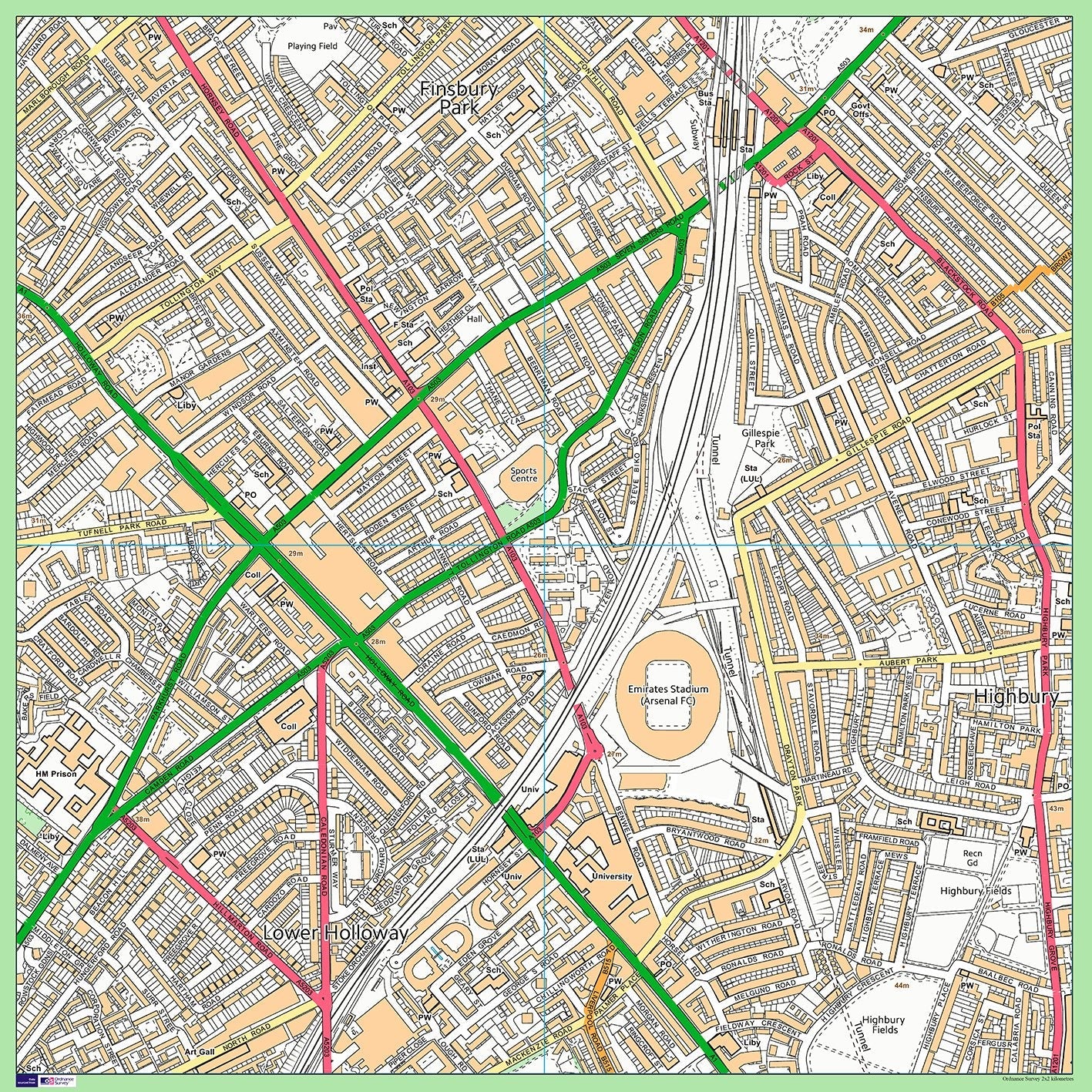 Postcode Centred Vinyl Ordnance Survey Street Map - 1x1m Size - 2x2km Area