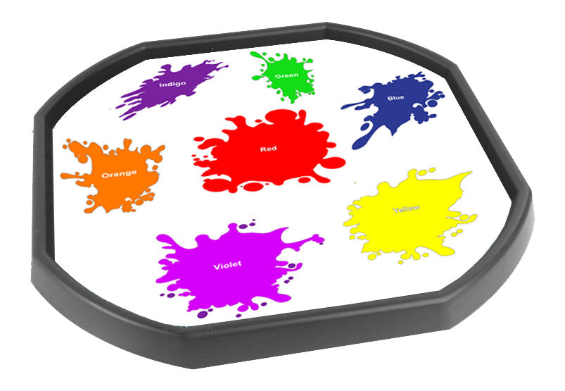 The paint splash mat is ideal for use with a Tuff Tray. Use it to introduce and discuss shades of colour and matching small objects to the rainbow coloured paint splats This tuff tray insert is also labelled with the names of the colours. Designed to fit in the Tuff Tray or the Tuff Spot.