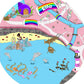 The personalised Mermaid Lagoon mat is ideal for use with a Tuff Tray and features your child's name on a rainbow! Swim in lagoons with mermaids in enchanted worlds, with unicorns, a shell house, dolphins, a lighthouse and  rainbow bridges. Ideal for imaginative play!