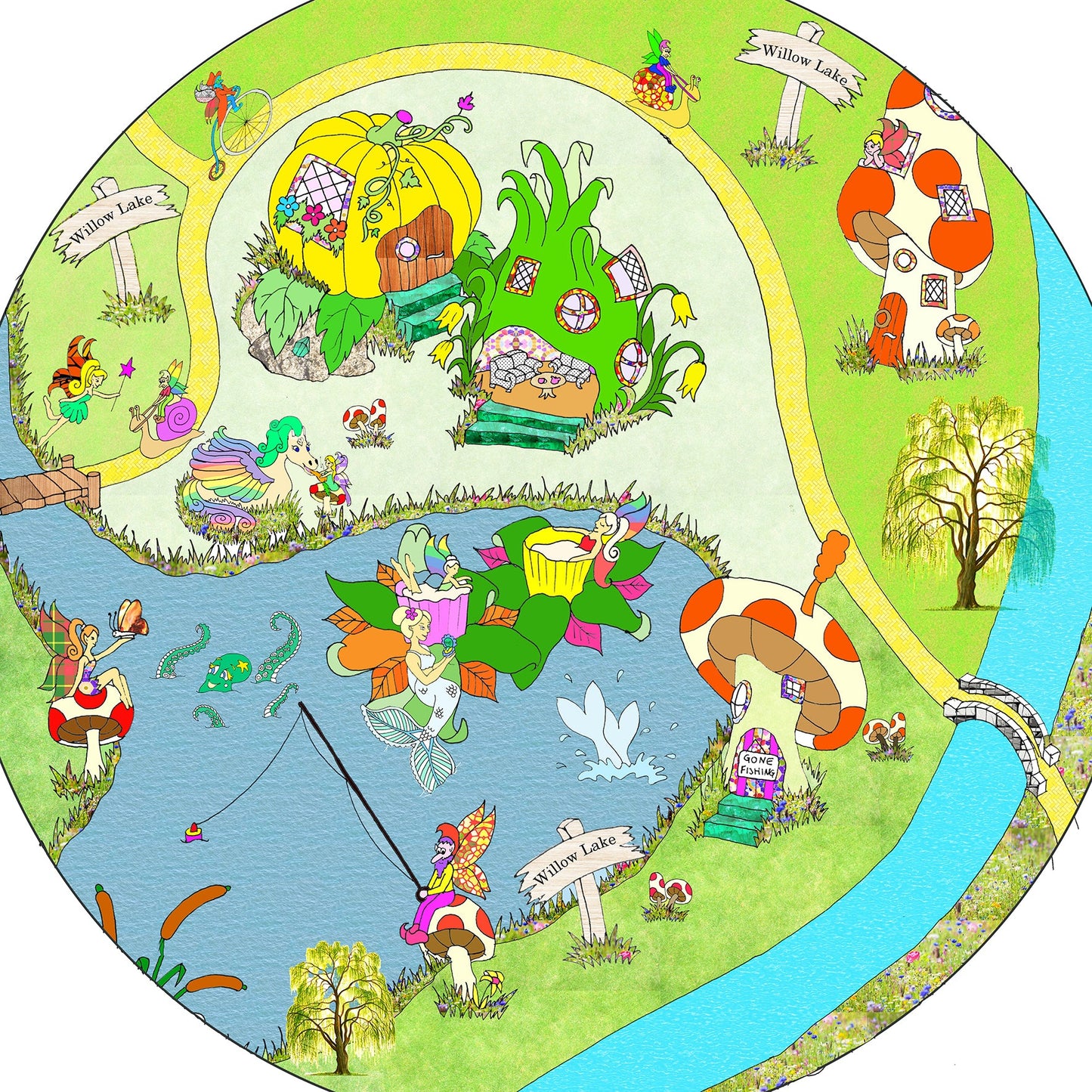 The Willow Lake tuff tray mat features fantasy and enchanted forests complete with  fairies, elves, pixies, mermaids, mushroom cottages and pumpkin houses. Perfect for individual or small group imaginative play. Designed to fit in the Tuff Tray or the Tuff Spot.