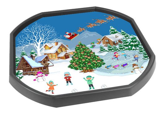 Our uniquely designed Christmas Scene Tuff Tray Mat is ideal for Xmas time and fostering the festive mood. Play creatively and imaginatively among log cabins, Christmas Trees, ice skaters, ice rink, a snowman, Santa and his reindeers.